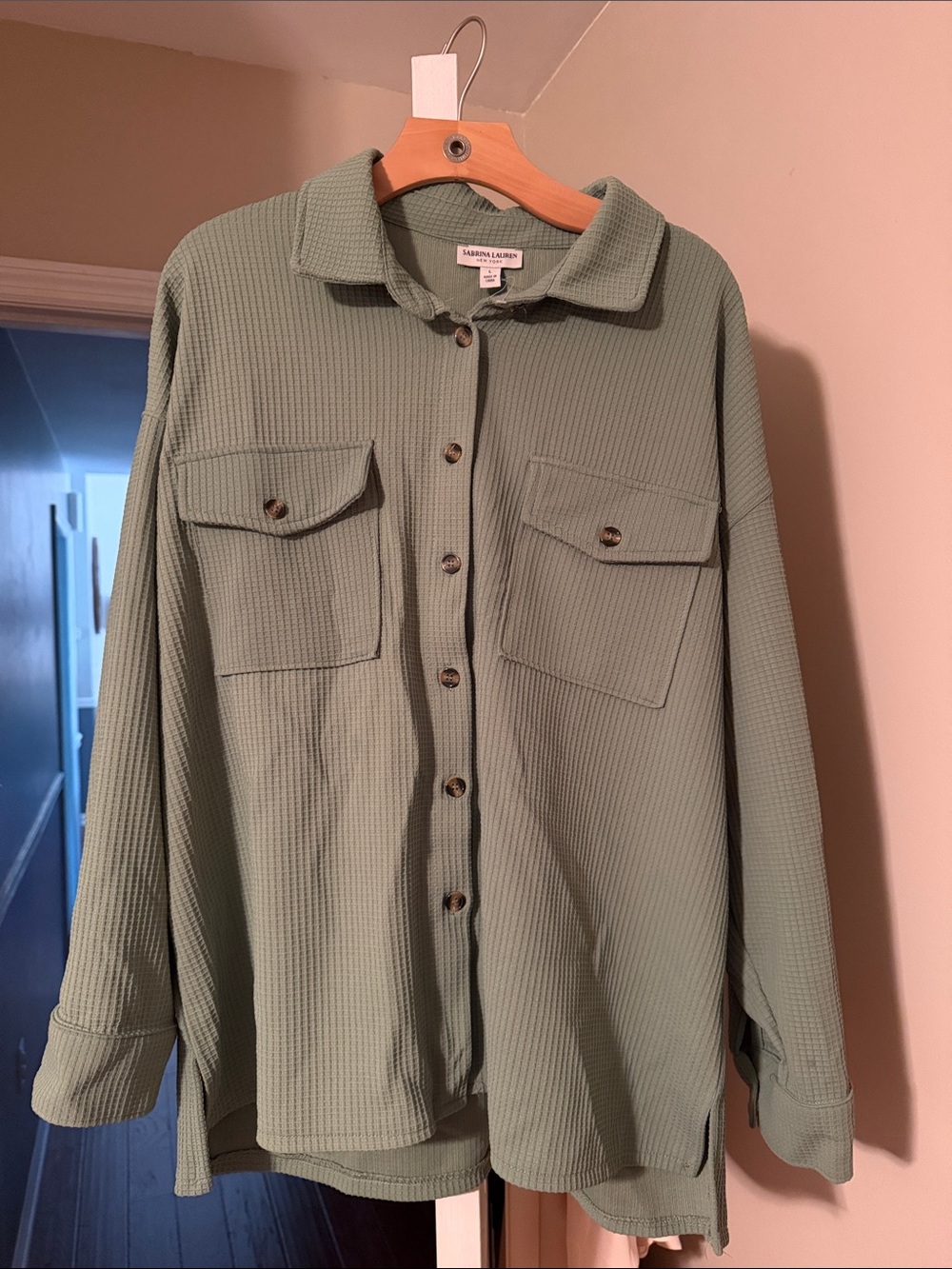 Casual Waffle Shirt Jacket in Sage Green by Sabrina Lauren